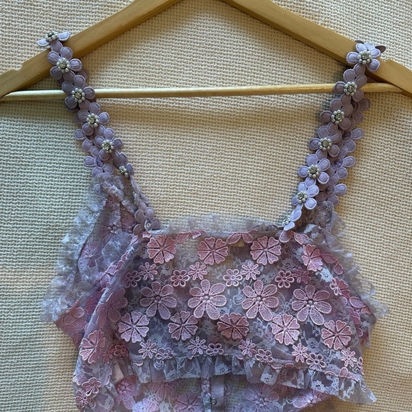 For Love And Lemons Rosette Cami Pink and Purple Floral Lace Bralette - Picture 6 of 8